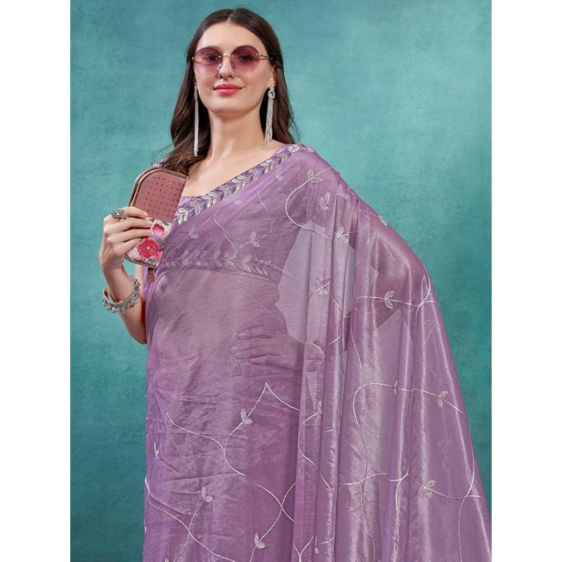 Women's Organza Embroidered Saree With Unstitched Blouse