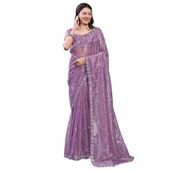 Women's Organza Embroidered Saree With Unstitched Blouse