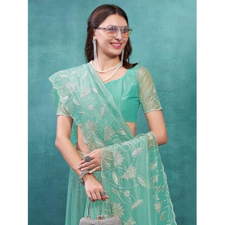 Women's Organza Embroidered Saree With Unstitched Blouse