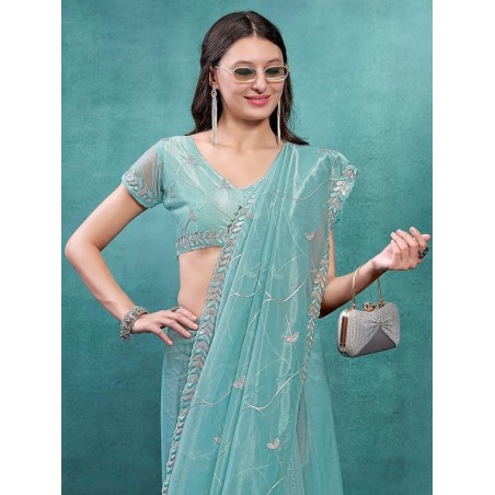 Women's Organza Embroidered Saree With Unstitched Blouse