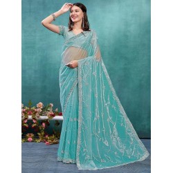 Women's Organza Embroidered Saree With Unstitched Blouse