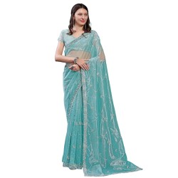 Women's Organza Embroidered Saree With Unstitched Blouse